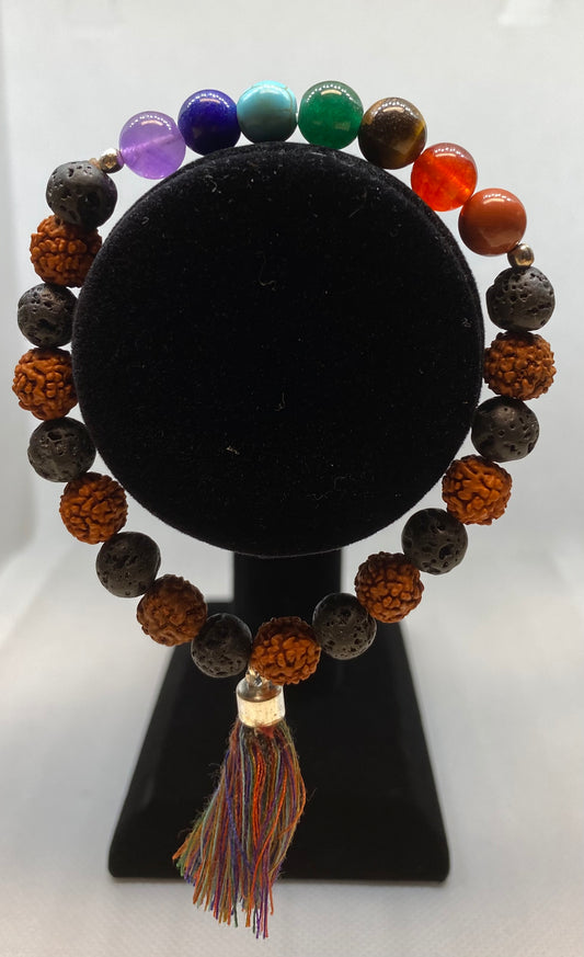 Chakra Elastic Bracelet Round Beads with Lava and Rudraksha