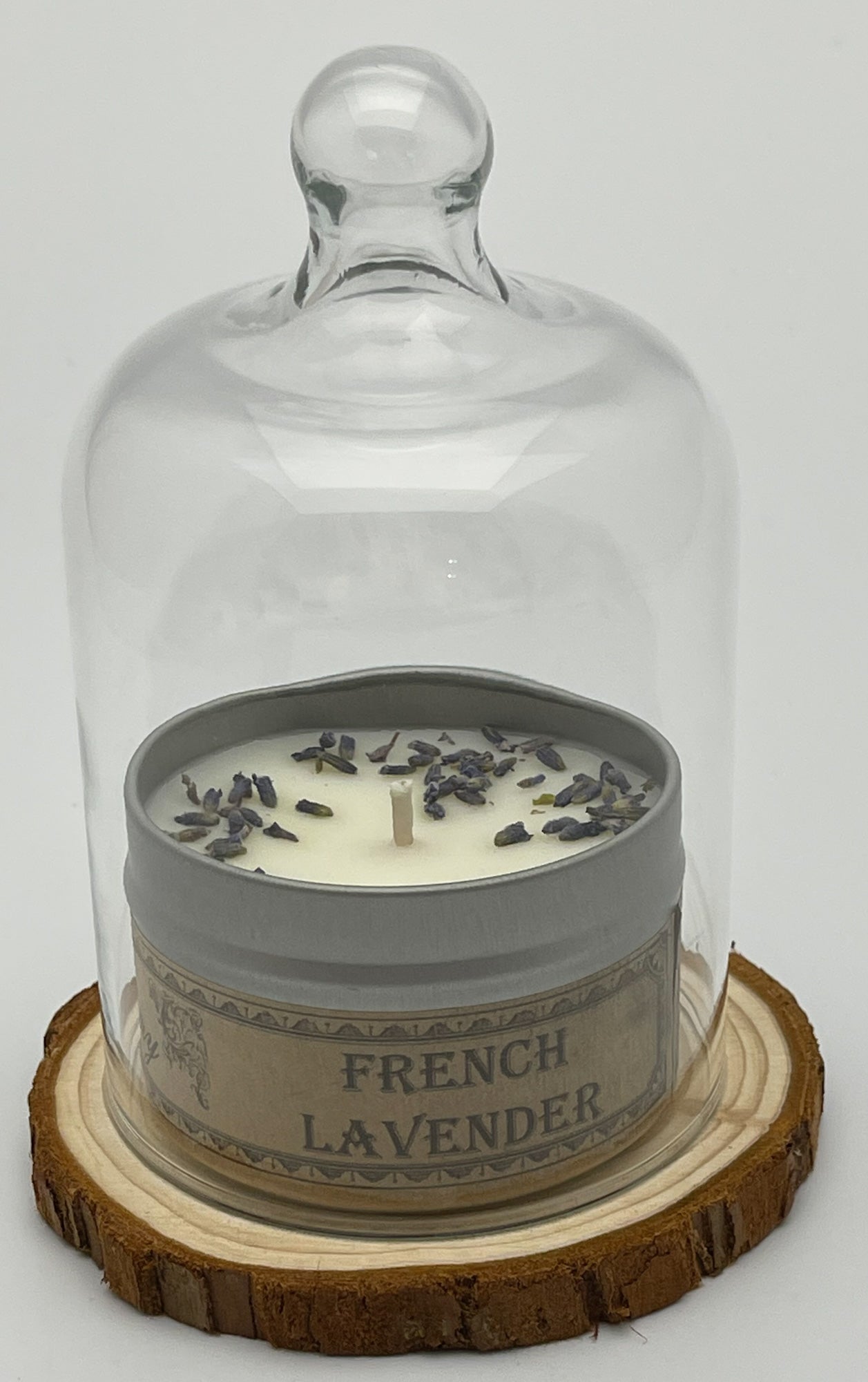 Candle in Cloche Bell Jar with Wood Slice Base