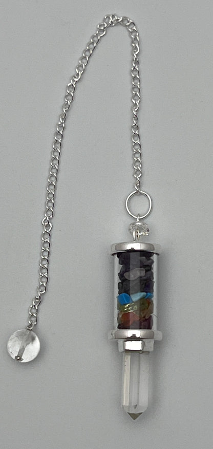 Glass Tube Pendulum w/ Chakras Chips & Crystal Point