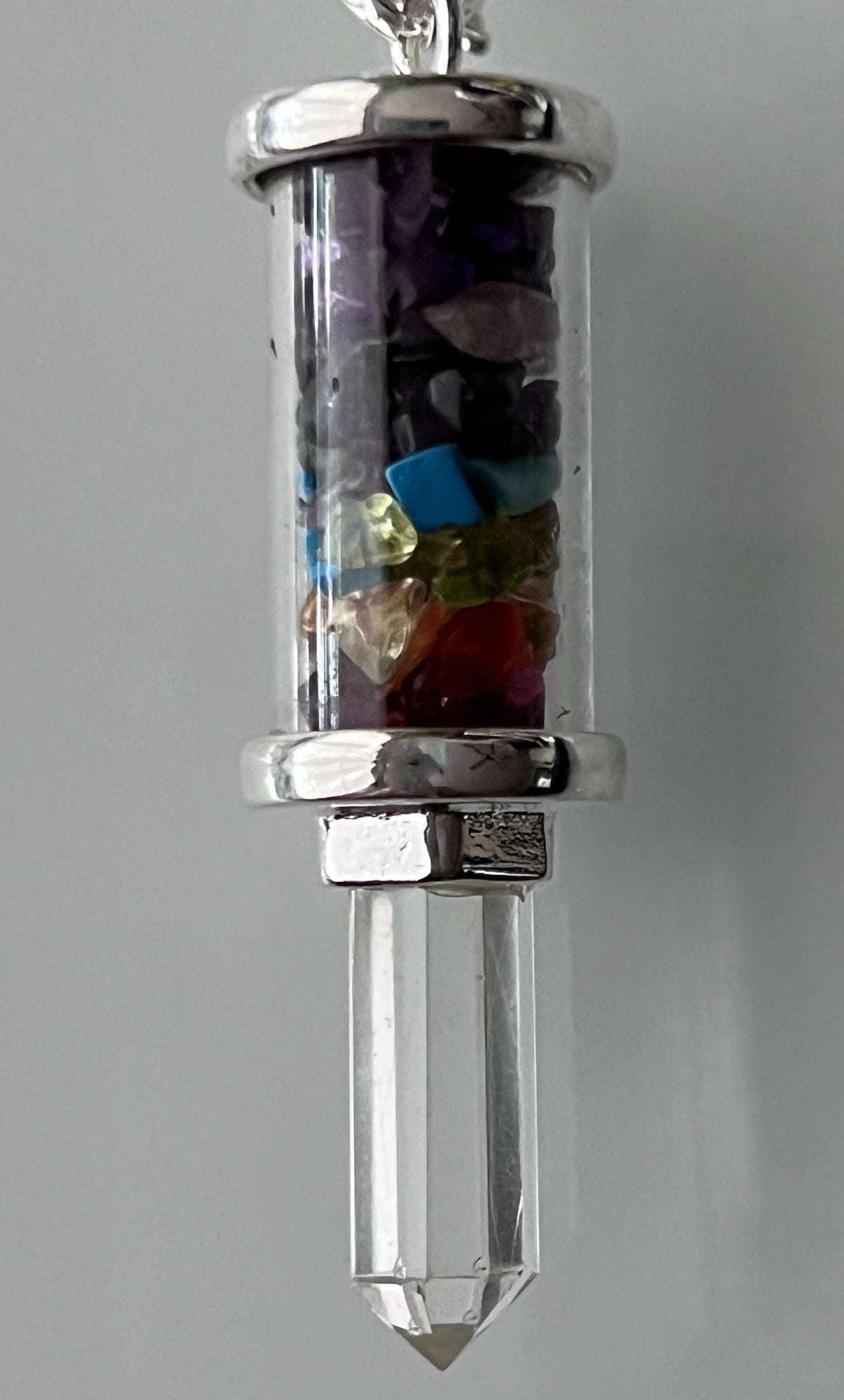 Glass Tube Pendulum w/ Chakras Chips & Crystal Point