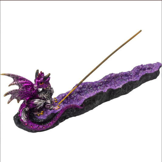 Polyresin Incense Holder Purple Dragon on Geode